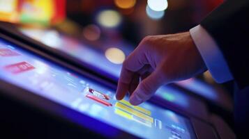 A closeup shot captures a voters hand hovering over a touchscreen voting machine fingers poised to select a candidate. The background reveals an array of colorful campaign material photo