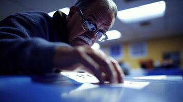 In a softfocus background a voters furrowed brow is illuminated as they lean over a table the sharp detail of their hand hovering over the marked ballot emphasizing the weight of thei photo