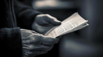 An intimate closeup of a hand gripping a single campaign flyer capturing the cles and creases that suggest it has been read multiple times. The text is sharp and clear while the backgroun photo