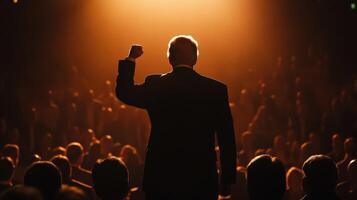 Under dramatic stage lighting a politician stands resolutely with a clenched fist pledging to uphold justice and equality for all. The framing captures their unwavering gaze reflectin photo