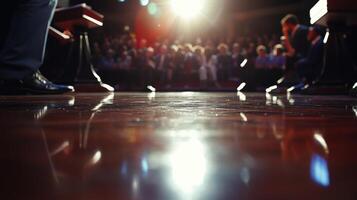 Politicians debating on stage in front of audience with bright lights photo