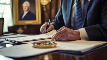 A somber politician sits at a desk tered with papers and a large government seal. Their hand pauses midsignature a look of contemplation on their face as they reflect on the implication photo