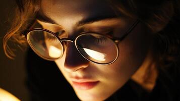 her glasses perched on her nose illuminated by soft overhead lighting that reflects off her notes photo