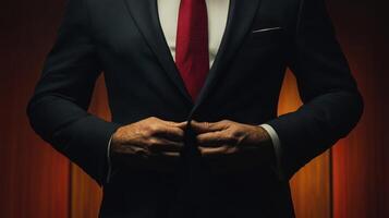 Politician buttoning elegant suit getting ready for public speech photo