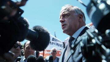 In a dramatic angle the politician leans slightly forward engaging with a specific question from the press their intense gaze directed at an unseen journalist highlighting the dialogu photo