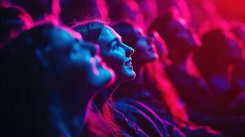 Intimate shot of audience members in close proximity illuminated by colorful stage lights. Faces are alive with emotionlaughter excitement and anticipationas the pulsating rhythm o photo