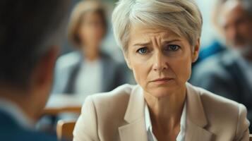 Captured in a dynamic town hall environment a female politician maintains eye contact with a small business owner sharing struggles faced during economic challenges. The image showcase photo