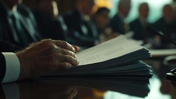 The focus is on a politicians hands as they hold a stack of documents indicating their commitment to transparency while addressing pressing issues during the press conference. The polishe photo