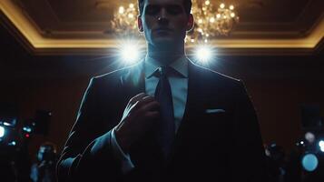 Illuminated by soft lights a politician adjusts their perfectly knotted silk tie while scanning the room radiating an aura of authority. The suits tailored fit accentuates their postur photo