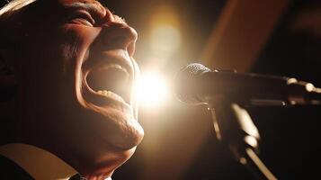A medium closeup captures the politician midsentence mouth open in a powerful delivery. The bright stage lights create dramatic shadows emphasizing the determination in their features photo