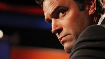 A politician leans slightly forward intensely engaged in a heated discussion with furrowed brows and a determined expression. The closeup reveals the details of their suit and tie photo