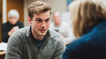 In a cozy community center a politician leans slightly forward making eye contact with a young man who is speaking. The tension in the air is palpable reflecting the importance of th photo