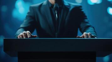 With a focused expression a politician stands behind a contemporary podium hands resting on the surface as they address an unseen audience. The blurred blue backdrop features subtl photo