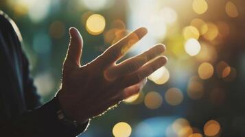 Politician gesturing during an important speech to the crowd photo