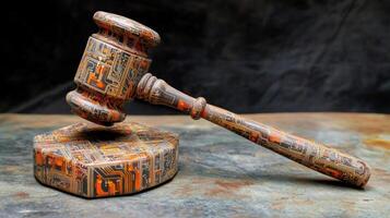 An abstract representation of a gavel composed of circuitry patterns reflecting the intersection of justice and technolog photo