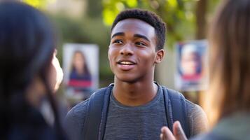 A closeup of a young man passionately gesturing while speaking to a circle of peers his eyes wide with conviction with posters for various candidates visible in the background showcasin photo