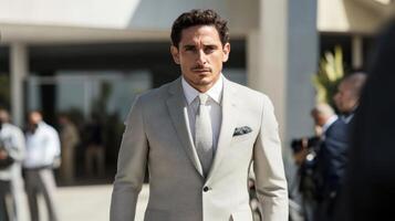With a backdrop of journalists the politician conveys charisma in a lightcolored suit leaning slightly forward with an earnest expression. The tailored ensemble emphasizes their polishe photo