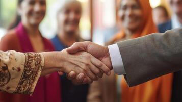 A closeup of a politician shaking hands with a group of constituents each representing different ethnic backgrounds. The scene conveys warmth and camaraderie with smiles and open bod photo