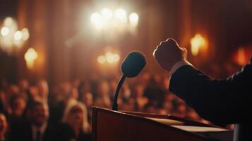 A focus on the politicians hands gripping the podium tightly while delivering their speech. Their brow is furrowed with passion and the dimly lit background features cheering supporter photo