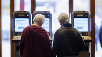 An elderly couple stands hand in hand their faces reflecting years of shared experiences surrounded by the hustle of younger voters as they approach the entrance of a stateofthear photo