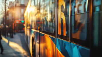 An intimate view of the lettering on the side of a campaign bus showcasing a powerful message in elegant typography surrounded by graphic elements. The focus highlights the craftsmanshi photo