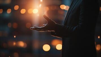 A leader gestures emphatically while discussing key global issues their hands accentuating their words. The gentle illumination in the background creates a bokeh effect subtly drawin photo