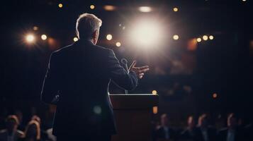 The politician stands with an assertive posture gesturing with one hand while the other rests on the podium illuminated by soft stage lighting as indistinct faces in the audience lea photo