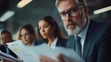 Surrounded by advisors in a modern conference room the politician reviews a stack of important files. The closeup showcases their furrowed brow and focused gaze as they deliberate wit photo