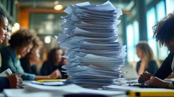 Bureaucrats working with huge stack of paper documents photo