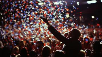 Politician celebrating with supporters at political convention photo