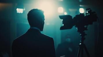 The politician engages directly with a reporter their face illuminated by the subtle light radiating a sense of urgency and conviction. The defocused background reveals an array o photo