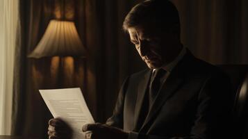 A serene moment is depicted as a diplomat gazes thoughtfully at a document the contours of their face illuminated by soft ligh photo