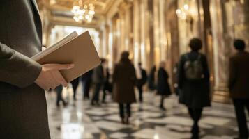 Framing the diplomats hands the image highlights their poised fingers gripping a folder filled with notes. The softfocus background reveals the grand architecture of the hall with visitor photo