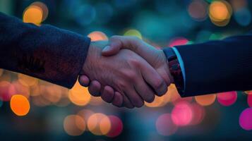 The moment of a diplomatic handshake captured with a focus on the clasped hands adorned with subtle details like watch ss and fabric textures. Surrounding the duo a gradient of blurre photo
