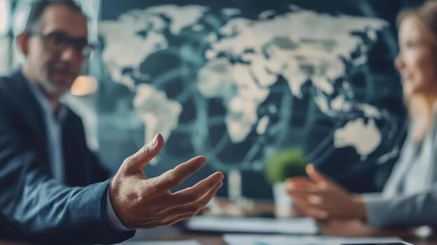 A senior diplomat gestures with open hands emphasizing key points during a strategic meeting. The blurred swirling patterns of a world map behind them add a sense of urgency and th photo