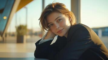 A young leader with a thoughtful smile leans slightly forward resting their elbow on a table as they engage with unseen listeners while the elegant lines of modern public structure photo