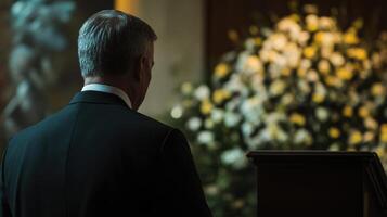 Leaning slightly forward with an intent gaze a diplomat listens carefully to an unseen counterpart the blurred elements of a ceremonial setting such as a podium and floral arrangement photo