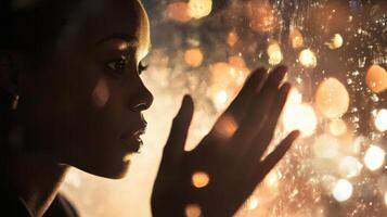 Framed closely the diplomats expression is intense yet composed as they gesture thoughtfully with their hands. Behind them shimmering lights blend in abstract patterns suggesting movemen photo