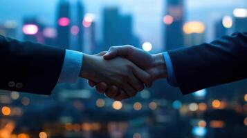 Two diplomats shake hands firmly sealing an agreement as the blurred outline of skyscrapers rises in the distance. The contrast of their poise and the lively city life suggests a photo