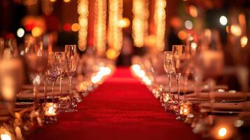 Elegant table setting with red carpet and candle lights for a luxurious gala dinner photo