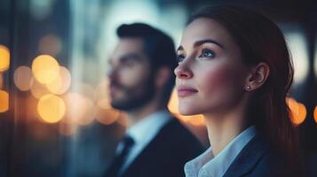 the subtle bokeh effect behind them suggests an environment of professionalism while directing attention to their earnest expressions photo