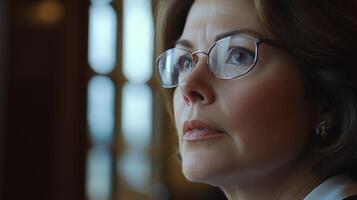 A closeup of the diplomats face reveals a calm expression with slight furrows of concentration. Behind the gracefully arched windows of the hall are out of focus hinting at the exterio photo