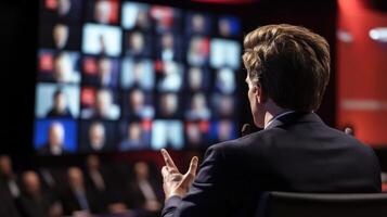 A closeup of the moderator an experienced journalist midsentence gesturing emphatically to encourage dialogue. The backdrop features a large screen displaying realtime social medi photo