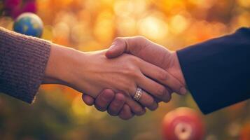 The image captures a closeup of two hands one adorned with a distinct ring meeting in a handshake signifying agreement and collaboration. In the background gentle hues blur togethe photo