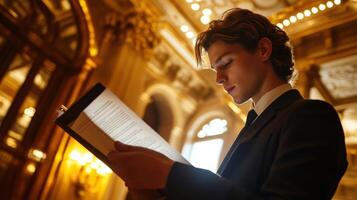 The diplomat leans slightly forward a serious expression on their face as they highlight key points in their notes. The grandeur of the hall glimmers in the background with high ceiling photo