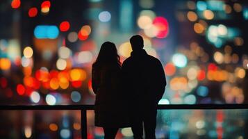 the subtle reflection of city lights dances in the background. Their poised demeanor contrasts with the vibrant defocused cityscape creating a dynamic interplay of personal connectio photo