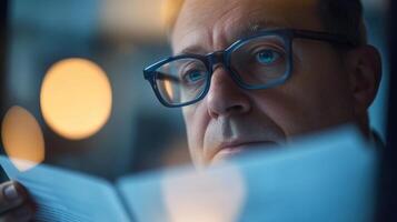 Framed by a softly blurred backdrop a diplomat flips through pages of a strategic policy outline deep in thought as they adjust their glasses. The subtle gleam of the offices artifact photo