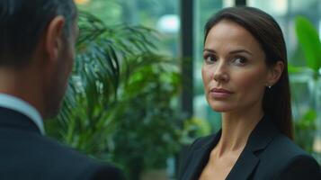 With a slight tilt of the head a diplomat is pictured during a conversational pause nodding appreciatively at a colleagues insight. The inviting softly lit office scene behind the photo