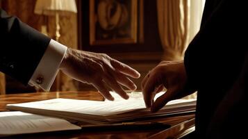 A closeup reveals the hands of two diplomats fingers lightly touching over a stack of documents conveying a sense of collaboration. The background features softfocus velvet drapes an photo