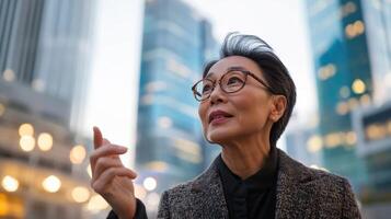 A diverse leader caught midsentence with one hand gesturing thoughtfully towards the sky has an air of optimism as the softly blurred futuristic buildings loom behind them bathed i photo